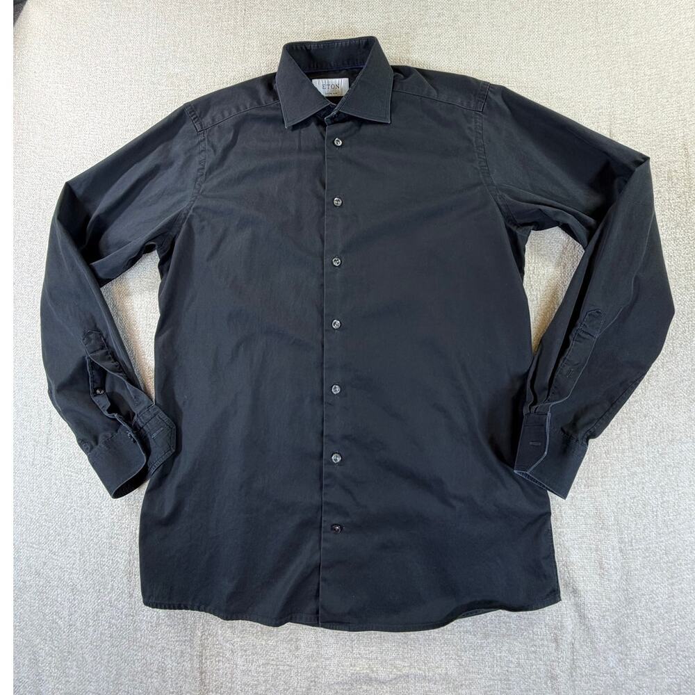 Eton Men 16 Black Long Sleeve Button Front Dress Shirt Luxury Cotton Classic Fit